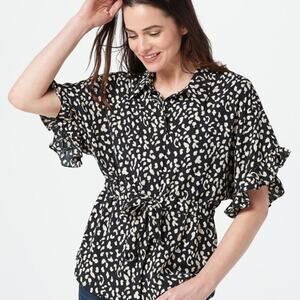 Bishop + Young Ruffle Sleeve Animal Print Blouse Black Cream Size Large